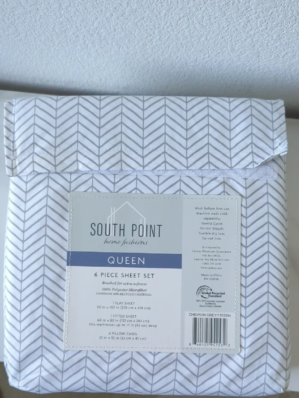 South Point Queen 6-Piece Sheet Set - White with Gray Chevron